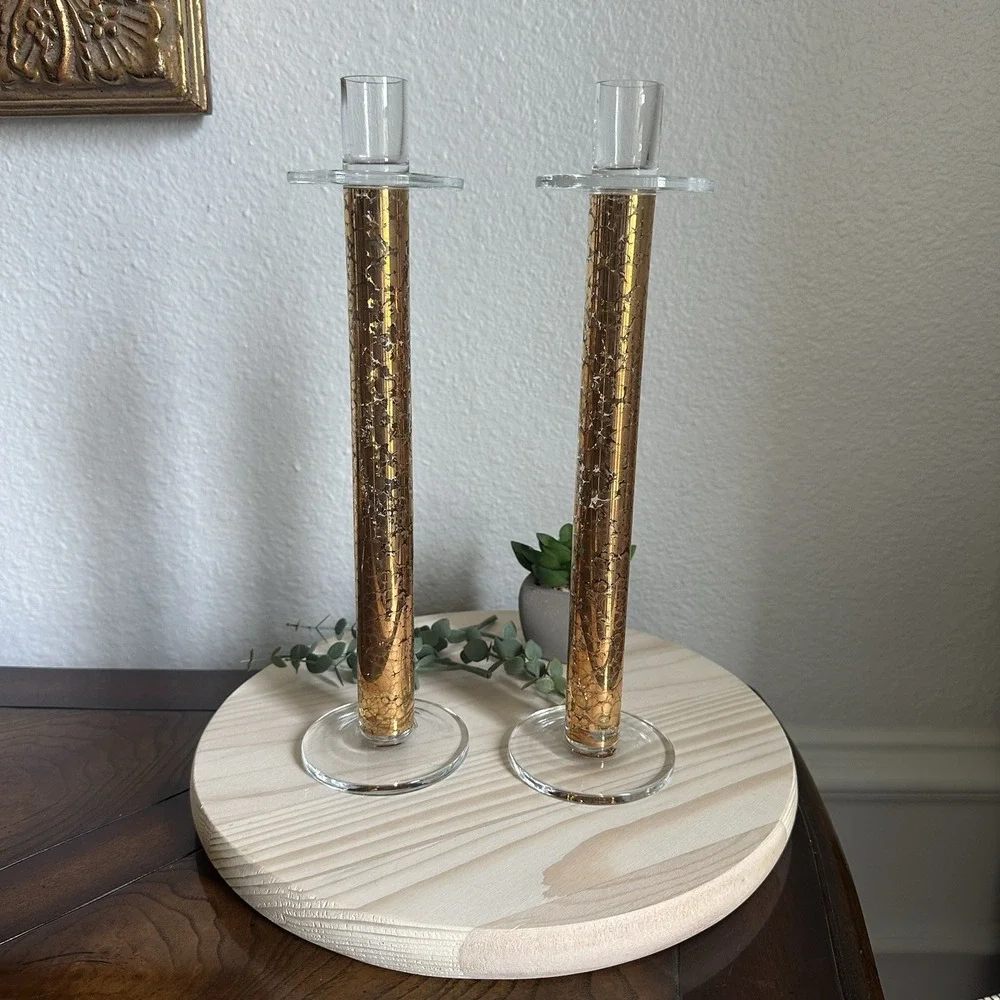 VTG Mid Century Candlestick Holders‎ 11.5 Inch Gold Clear Crackle Glass Decor